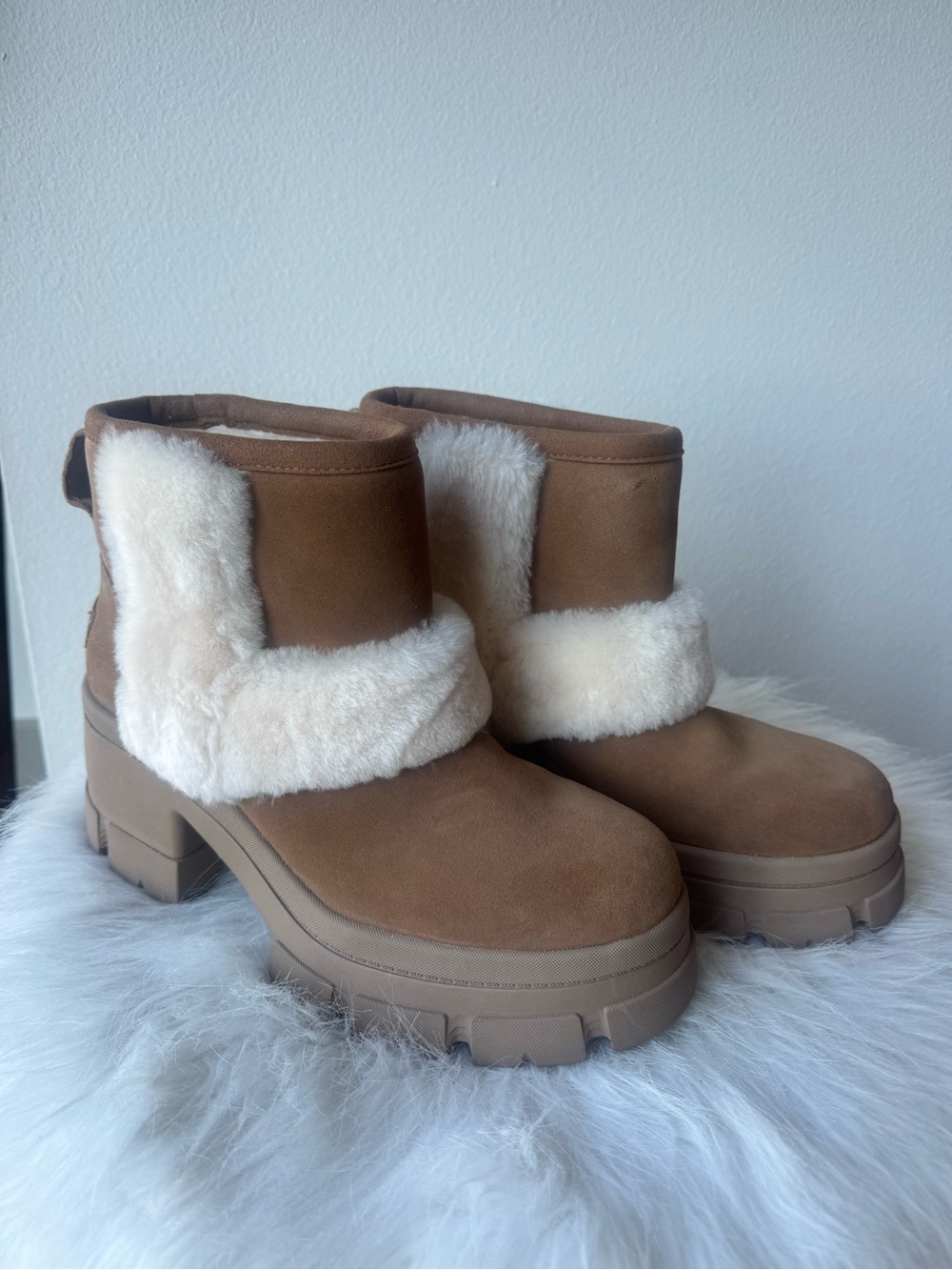 UGG Chestnut Tan Shearling-Trim Platform Ankle Boots